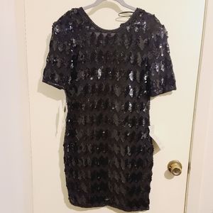 Vintage Stenay Black Chevron Sequin Beaded Shift Mini Dress Short Dress